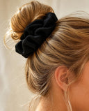 Close-up of the Classic Black kimono scrunchie worn on a messy bun