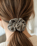 Close-up of the Black & Beige Lattice kimono scrunchie worn on a low ponytail