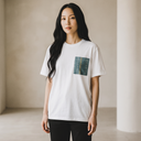 Indigo Wave Kimono Pocket T-Shirt with a pocket of vintage kimono silk in an indigo shima stripe of white, olive and gold, view 3