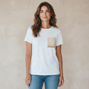 Snow Blossom Kimono Pocket T-Shirt with a pocket of vintage kimono silk, with an ivory sayagata key-fret and soft florals, view 4