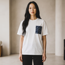 Gentle Craft Kimono Pocket T-Shirt with a pocket of vintage kimono silk, with a pale karakusa vine on deep indigo, view 3