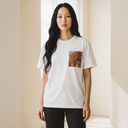 Artisan Memory Kimono Pocket T-Shirt with a pocket of vintage kimono silk, with plum blossom branches in coral and red, view 3