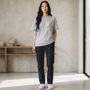 Crafted Flow Kimono Pocket T-Shirt with a pocket of vintage kimono silk, with pale plum blossoms and a band of gold, view 5