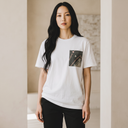 Old Japan Kimono Pocket T-Shirt with a pocket of vintage kimono silk, with soft gray shibori tie-dye and coral accents, view 3