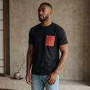 Velvet Sky Kimono Pocket T-Shirt with a pocket of vintage kimono silk, with a crimson kanoko shibori fawn-spot pattern, view 4