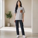 Artisan Memory Kimono Pocket T-Shirt with a pocket of vintage kimono silk, with plum blossom branches in coral and red, view 5