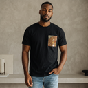 Artisan Memory Kimono Pocket T-Shirt with a pocket of vintage kimono silk, with plum blossom branches in coral and red, view 4