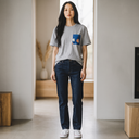 Indigo Flow Ed. 01 Kimono Pocket T-Shirt with a pocket of vintage kimono silk, with white and coral plum blossoms on indigo, view 5