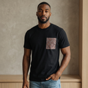 Hana Echo Ed. 01 Kimono Pocket T-Shirt with a pocket of vintage kimono silk, with a rose, plum and amber peony arabesque, view 4