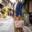 Ethereal Weave obi handbag made from a vintage Japanese obi, with a taiko drum, clouds and chrysanthemums, view 3
