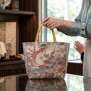 Ethereal Weave obi handbag made from a vintage Japanese obi, with a taiko drum, clouds and chrysanthemums, view 2