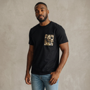 Zen Flow Kimono Pocket T-Shirt with a pocket of vintage kimono silk, with ripe autumn persimmons among broad leaves, view 4
