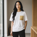 Golden Weave Ed. 01 Kimono Pocket T-Shirt with a pocket of vintage Nishijin-ori kimono silk in a golden shippo seven-treasures lattice, view 3