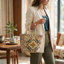 Golden Elegance obi handbag made from a vintage Japanese obi, with a large gold and blue-green flower medallion, view 3