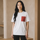 Velvet Sky Kimono Pocket T-Shirt with a pocket of vintage kimono silk, with a crimson kanoko shibori fawn-spot pattern, view 3