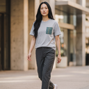 Indigo Wave Kimono Pocket T-Shirt with a pocket of vintage kimono silk in an indigo shima stripe of white, olive and gold, view 5