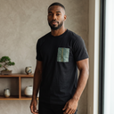 Indigo Wave Kimono Pocket T-Shirt with a pocket of vintage kimono silk in an indigo shima stripe of white, olive and gold, view 4