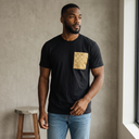 Golden Weave Ed. 01 Kimono Pocket T-Shirt with a pocket of vintage Nishijin-ori kimono silk in a golden shippo seven-treasures lattice, view 4