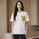 Nishijin Luxe Ed. 02 Kimono Pocket T-Shirt with a pocket of vintage Nishijin-ori kimono silk, with hanamaru flower circles on gold, view 4
