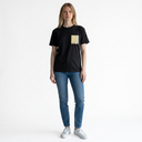 Golden Autumn Kimono Pocket T-Shirt with a pocket of vintage kimono silk in a green and gold ryusui flowing-water pattern, view 4