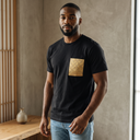 Golden Weave Ed. 02 Kimono Pocket T-Shirt with a pocket of vintage Nishijin-ori kimono silk in a golden shippo seven-treasures lattice, view 4