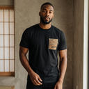 Tokyo Bloom Kimono Pocket T-Shirt with a pocket of vintage kimono silk, with a red and teal karakusa scrolling vine, view 4