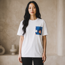 Indigo Flow Ed. 01 Kimono Pocket T-Shirt with a pocket of vintage kimono silk, with white and coral plum blossoms on indigo, view 3