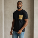 Nishijin Luxe Ed. 02 Kimono Pocket T-Shirt with a pocket of vintage Nishijin-ori kimono silk, with hanamaru flower circles on gold, view 5