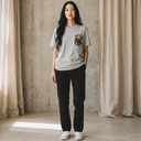 Zen Flow Kimono Pocket T-Shirt with a pocket of vintage kimono silk, with ripe autumn persimmons among broad leaves, view 5