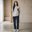 Tokyo Bloom Kimono Pocket T-Shirt with a pocket of vintage kimono silk, with a red and teal karakusa scrolling vine, view 5