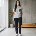 Old Japan Kimono Pocket T-Shirt with a pocket of vintage kimono silk, with soft gray shibori tie-dye and coral accents, view 5