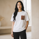 Eternal Fabric Kimono Pocket T-Shirt with a pocket of vintage kimono silk, with four-season flowers on warm brown bands, view 3