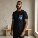Indigo Flow Ed. 01 Kimono Pocket T-Shirt with a pocket of vintage kimono silk, with white and coral plum blossoms on indigo, view 4