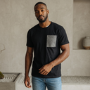 Oshima Black Kimono Pocket T-Shirt with a pocket of vintage Oshima tsumugi silk in a taupe weave flecked with pale blue, view 3