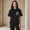 Oshima Black Kimono Pocket T-Shirt with a pocket of vintage Oshima tsumugi silk in a taupe weave flecked with pale blue, view 4