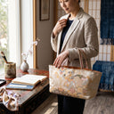 Modern Heritage obi handbag made from a vintage Japanese obi, with a great folding fan in gold and dusty rose, view 3