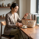 Modern Heritage obi handbag made from a vintage Japanese obi, with a great folding fan in gold and dusty rose, view 2