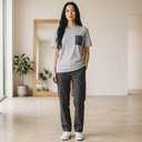 Gentle Craft Kimono Pocket T-Shirt with a pocket of vintage kimono silk, with a pale karakusa vine on deep indigo, view 5