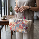 Upcycled Charm obi handbag made from a vintage Japanese obi, with red, blue and ivory peonies swept in gold, view 2
