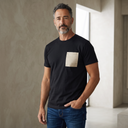 Snow Blossom Kimono Pocket T-Shirt with a pocket of vintage kimono silk, with an ivory sayagata key-fret and soft florals, view 5