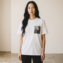 Kyoto Mood Kimono Pocket T-Shirt with a pocket of vintage kimono silk, with a charcoal kanoko fawn-spot pattern, view 3