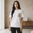 Crafted Flow Kimono Pocket T-Shirt with a pocket of vintage kimono silk, with pale plum blossoms and a band of gold, view 3