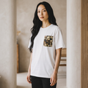 Zen Flow Kimono Pocket T-Shirt with a pocket of vintage kimono silk, with ripe autumn persimmons among broad leaves, view 3