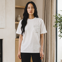 Snow Flower Kimono Pocket T-Shirt with a pocket of a vintage shiro-muku wedding kimono, woven with scattered cherry blossoms, view 3