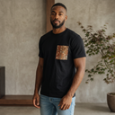Eternal Fabric Kimono Pocket T-Shirt with a pocket of vintage kimono silk, with four-season flowers on warm brown bands, view 4