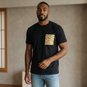 Nishijin Luxe Ed. 01 Kimono Pocket T-Shirt with a pocket of vintage Nishijin-ori kimono silk, with hanamaru flower circles on gold, view 4
