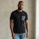 Gentle Craft Kimono Pocket T-Shirt with a pocket of vintage kimono silk, with a pale karakusa vine on deep indigo, view 4