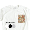 Autumn Breeze Ed. 02 Kimono Pocket T-Shirt with a pocket of vintage kimono silk, with bamboo leaves and coral and gold blossoms, view 2