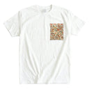Autumn Breeze Ed. 02 Kimono Pocket T-Shirt with a pocket of vintage kimono silk, with bamboo leaves and coral and gold blossoms, view 3