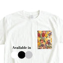 Endless Blossom Kimono Pocket T-Shirt with a pocket of vintage kimono silk, with crimson chrysanthemums and a small butterfly, view 2